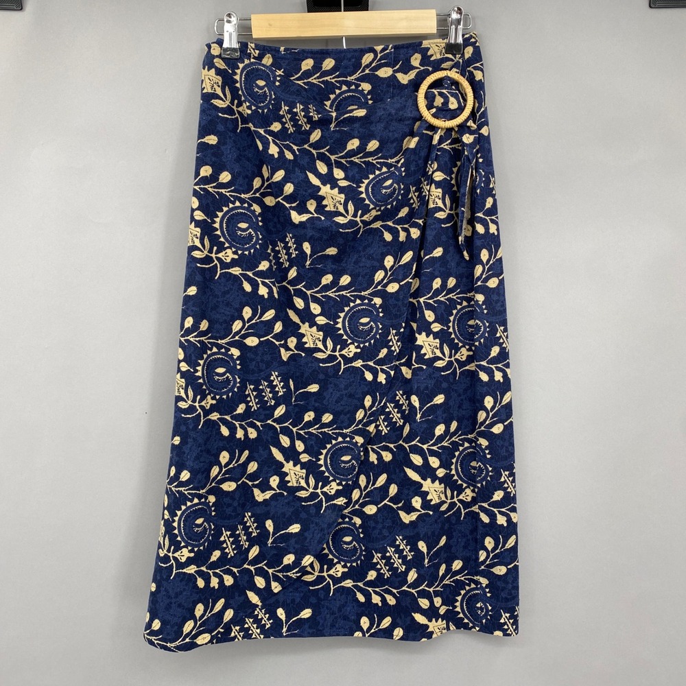 Vtg 90s Express Linen Blend Wrap Skirt Womens 3/4 Navy Floral Wicker Buckle Midi